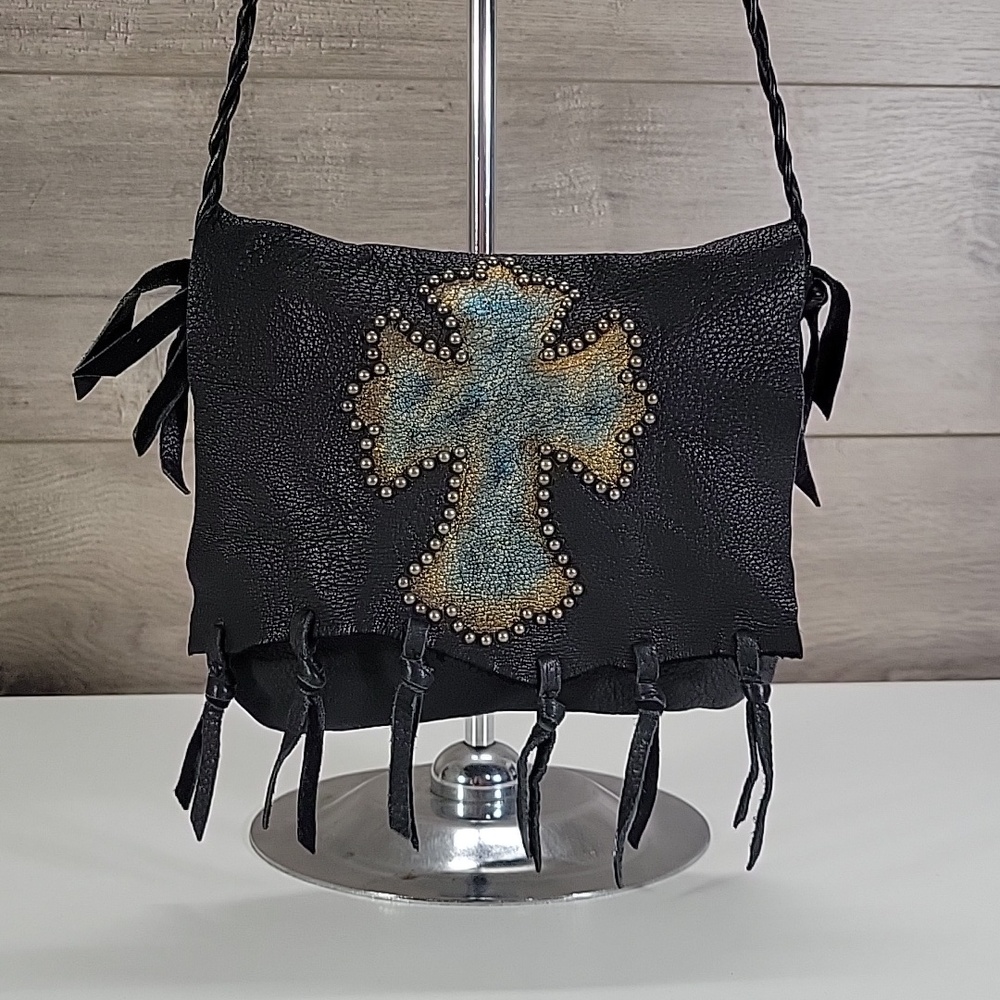 Patricia Wolf Black Studded Leather Crossbody Bag with Turquoise Cross Accent